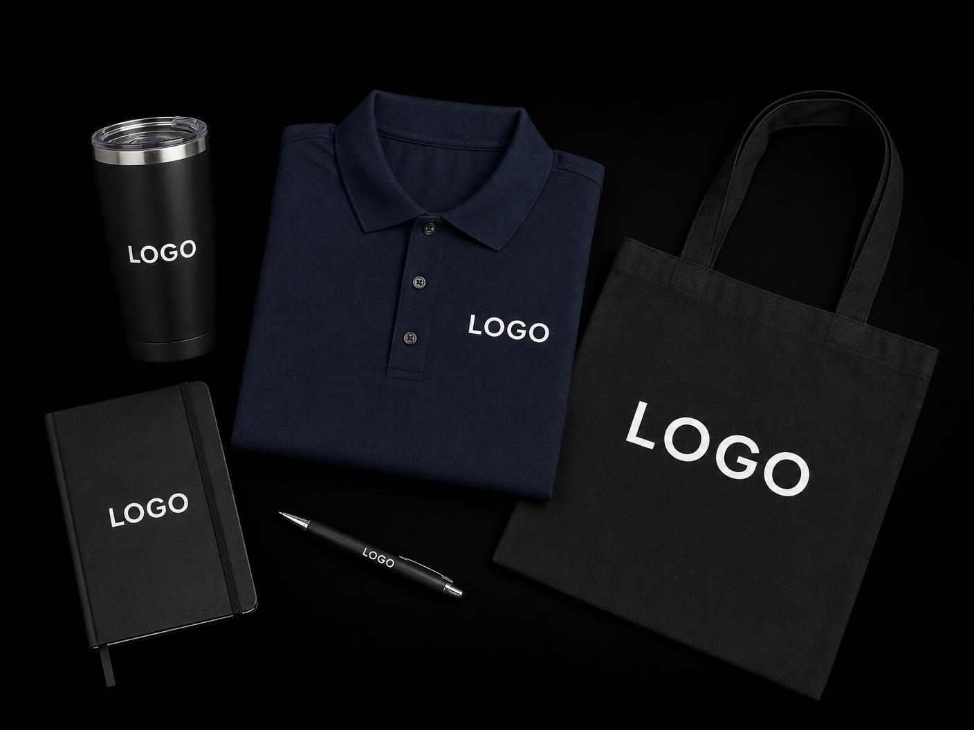 Custom branded merchandise with placeholder LOGO artwork